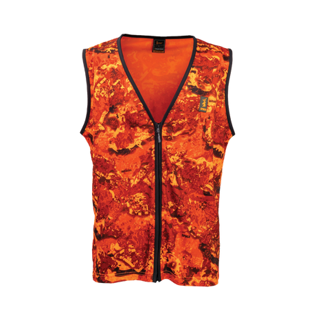 Spika Ranger adult hunting vest in Biarri Blaze orange camo, front view with full-length zip
