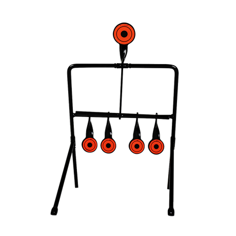 Spika resetting air gun target with four orange knock-down plates and reset paddle on steel frame