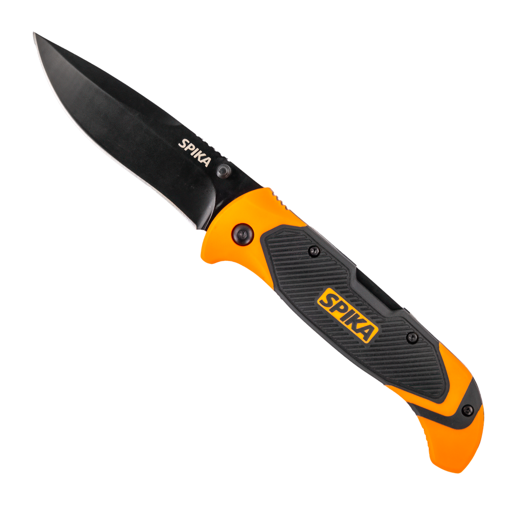 Spika Challenger lock back folding knife opened, black blade with orange and grey Spika handle