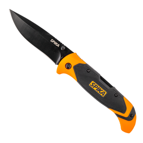 Spika Challenger lock back folding knife opened, black blade with orange and grey Spika handle