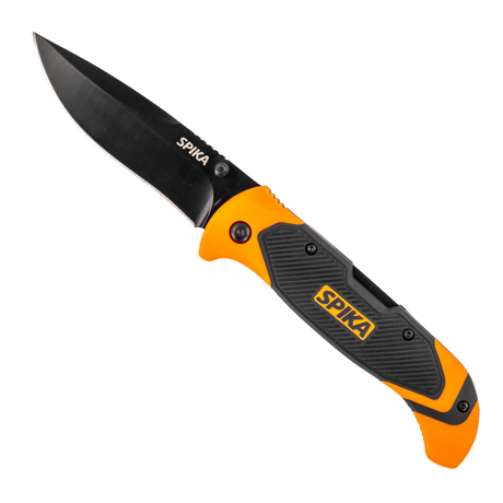 Spika Challenger lock back folding knife opened, black blade with orange and grey Spika handle