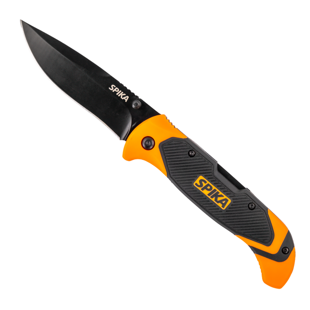 Spika Challenger lock back folding knife opened, black blade with orange and grey Spika handle