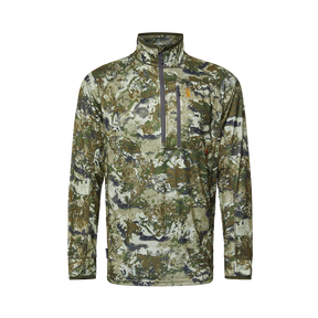 Spika Guide men's lightweight half-zip hunting top in Biarri Camo, front view with chest pocket