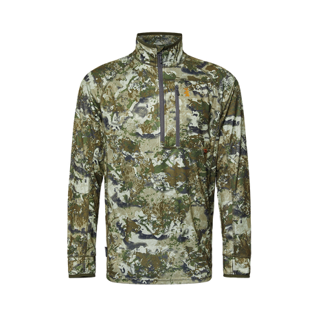 Spika Guide men's lightweight half-zip hunting top in Biarri Camo, front view with chest pocket