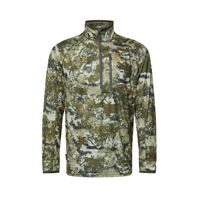 Spika Guide men's lightweight half-zip hunting top in Biarri Camo, front view with chest pocket