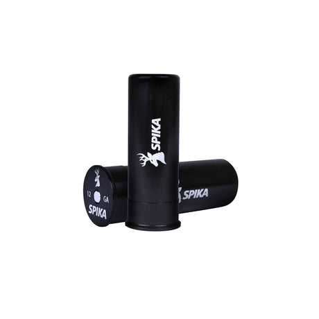 Spika solid snap caps in black, 12 gauge shotgun shells with Spika logo