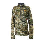 Spika Gridfleece women's half-zip hunting top in Biarri Camo, front view with zip chest pocket