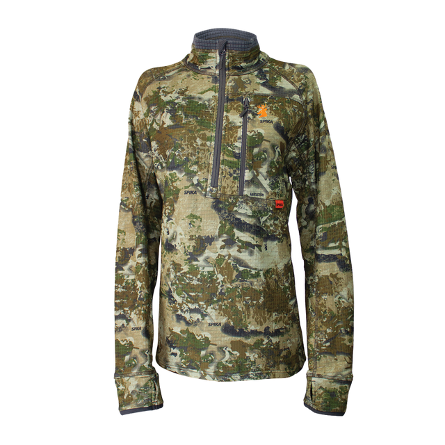 Spika Gridfleece women's half-zip hunting top in Biarri Camo, front view with zip chest pocket