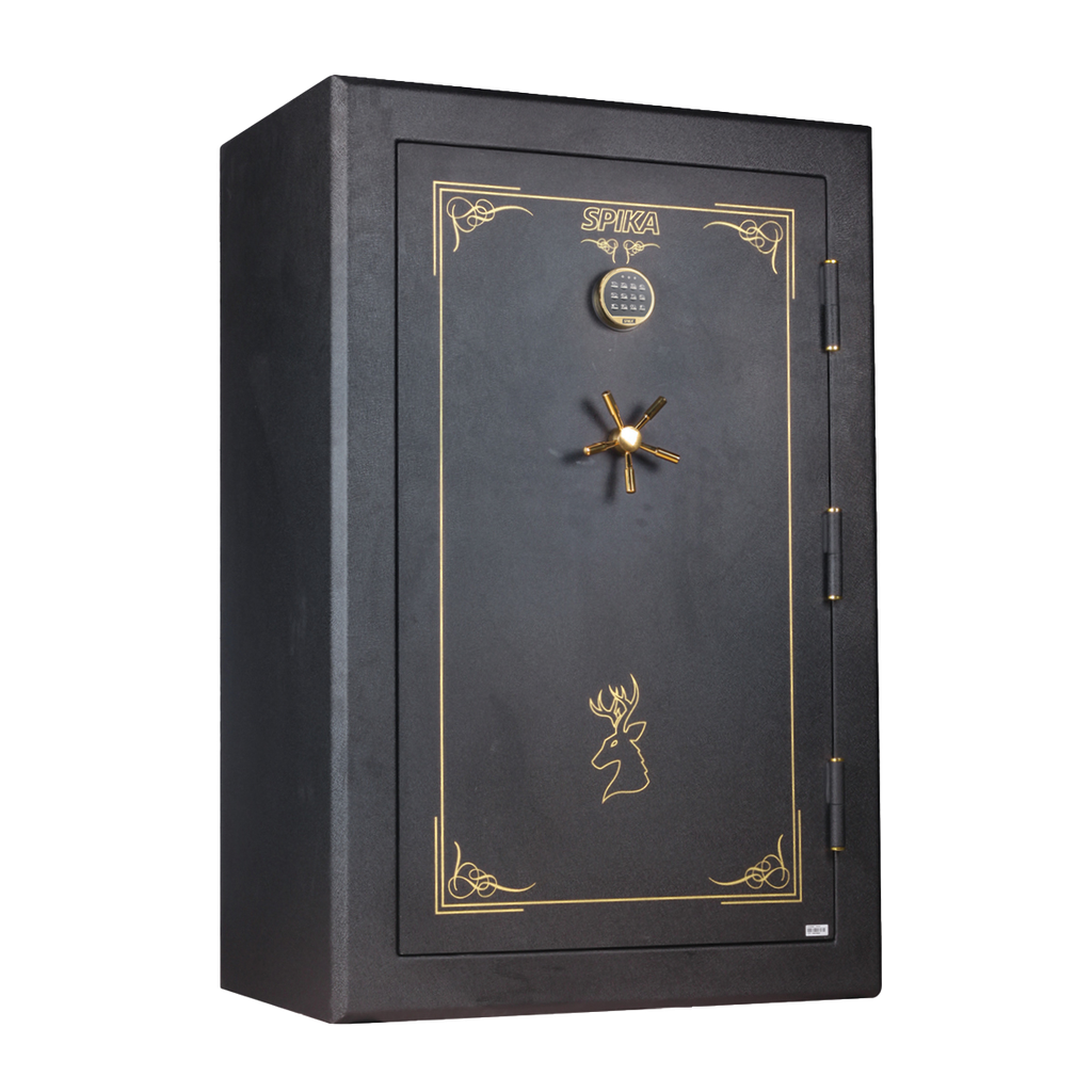 Spika SFB2 extra large fire resistant 39-gun safe with keypad and brass handle, three-quarter view