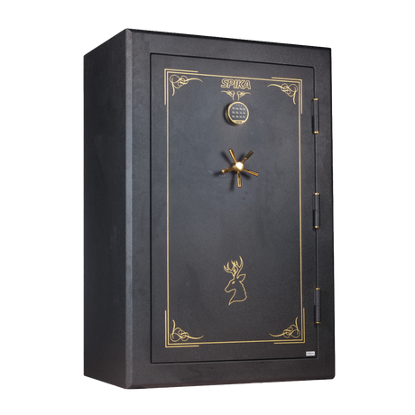 Spika SFB2 extra large fire resistant 39-gun safe with keypad and brass handle, three-quarter view
