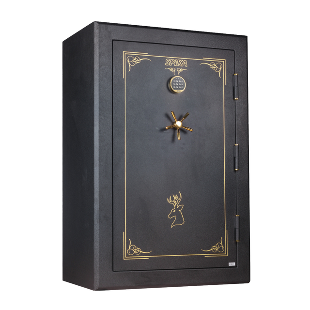Spika SFB2 extra large fire resistant 39-gun safe with keypad and brass handle, three-quarter view