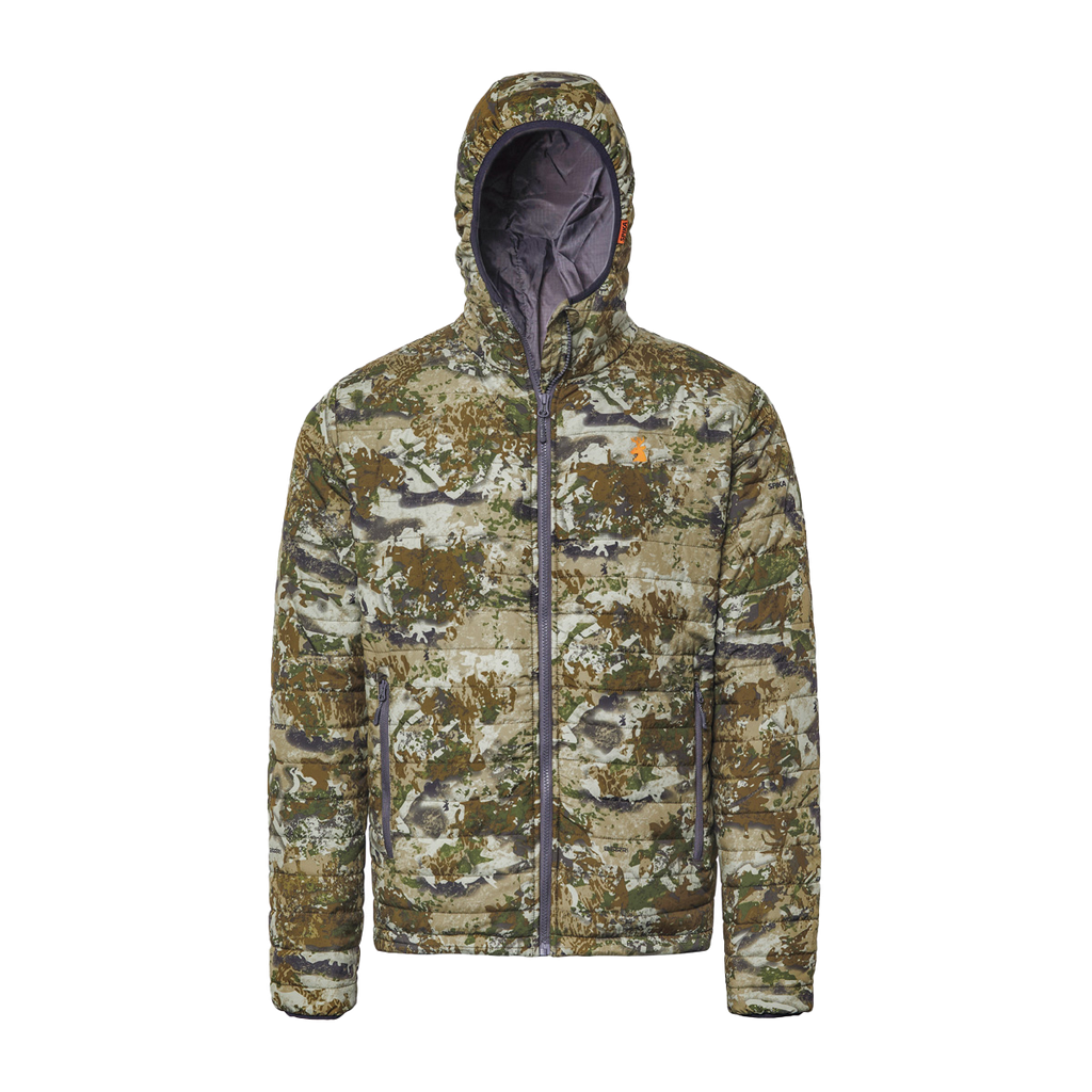 Spika Chase men's hooded puffer jacket in Biarri Camo with full zip and grey lined hood, front view