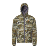 Spika Chase men's hooded puffer jacket in Biarri Camo with full zip and grey lined hood, front view