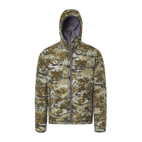 Spika Chase men's hooded puffer jacket in Biarri Camo with full zip and grey lined hood, front view