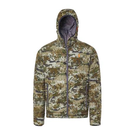 Spika Chase men's hooded puffer jacket in Biarri Camo with full zip and grey lined hood, front view