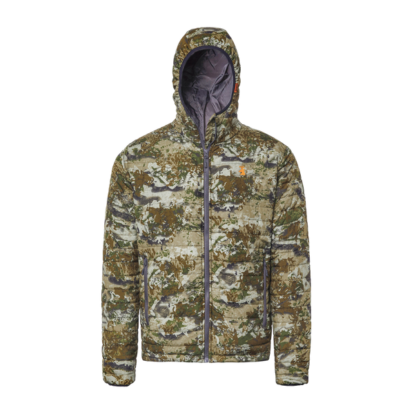 Spika Chase men's hooded puffer jacket in Biarri Camo with full zip and grey lined hood, front view
