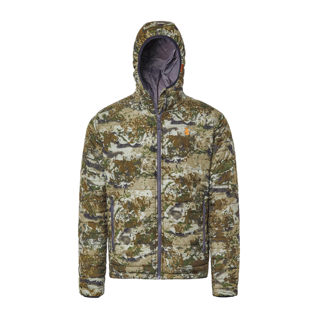 Spika Chase men's hooded puffer jacket in Biarri Camo with full zip and grey lined hood, front view