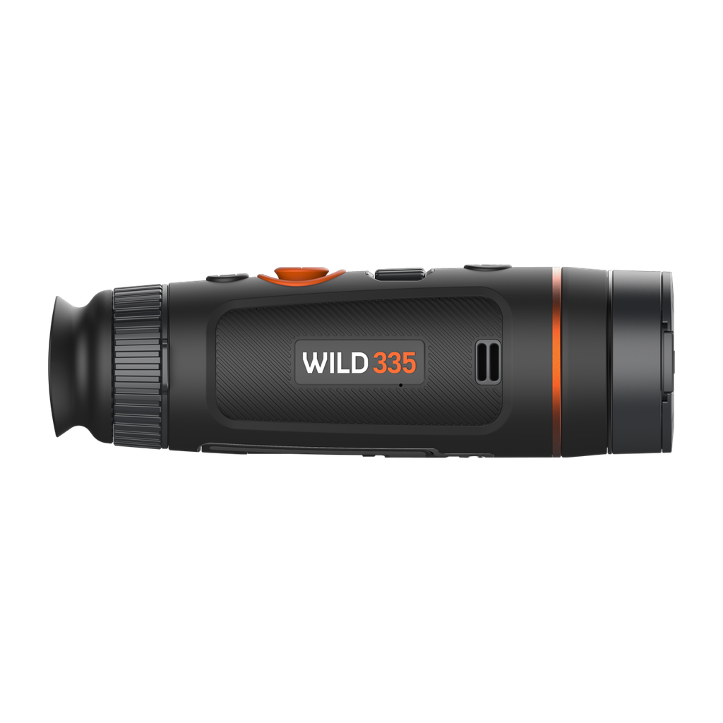 ThermTec Wild 335 thermal monocular, side profile showing the Wild 335 model badge