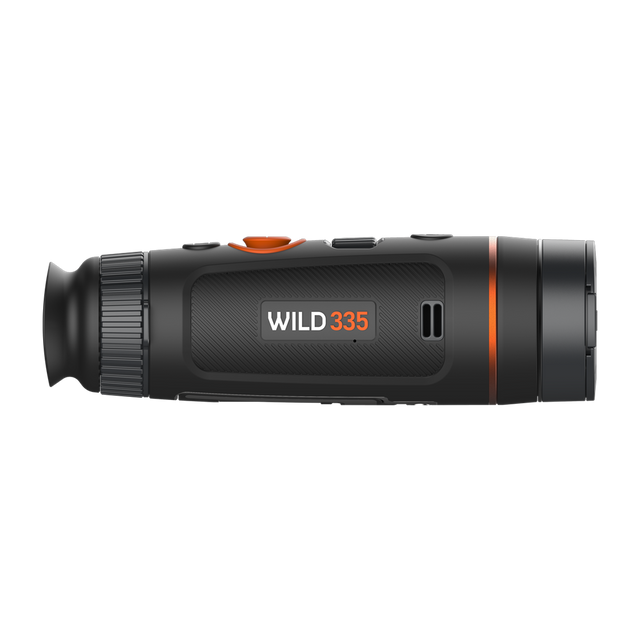 ThermTec Wild 335 thermal monocular, side profile showing the Wild 335 model badge