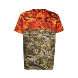 Spika Trail kids' T-shirt in Biarri Blaze, front view with blaze orange upper and camo lower body