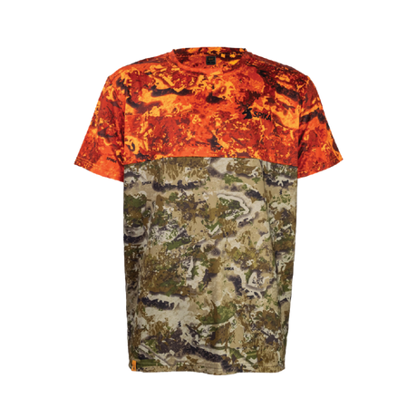 Spika Trail kids' T-shirt in Biarri Blaze, front view with blaze orange upper and camo lower body