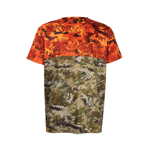 Spika Trail kids' T-shirt in Biarri Blaze, front view with blaze orange upper and camo lower body