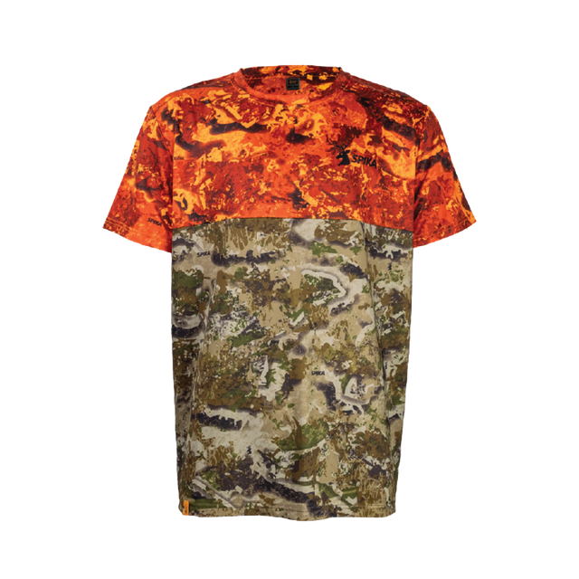 Spika Trail kids' T-shirt in Biarri Blaze, front view with blaze orange upper and camo lower body