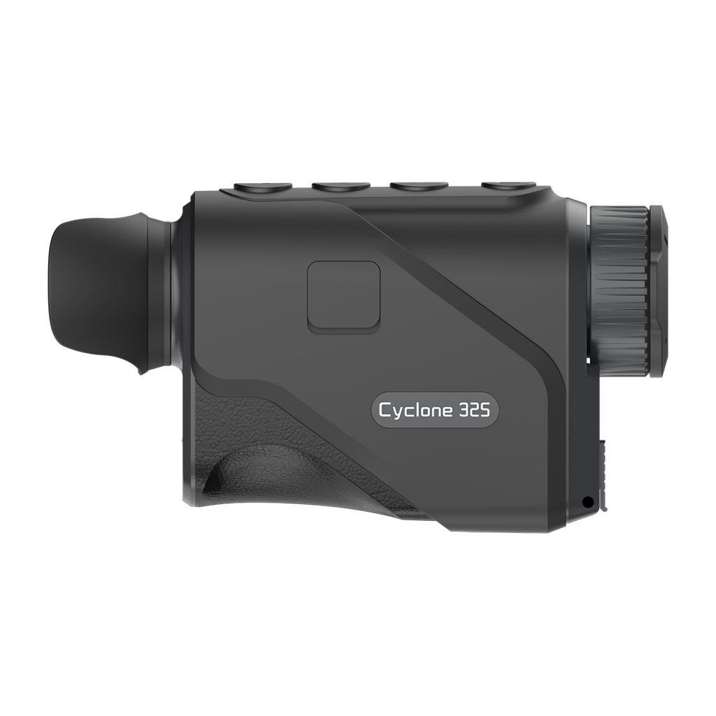 ThermTec Cyclone 325 thermal monocular in dark grey, side profile with Cyclone 325 model label