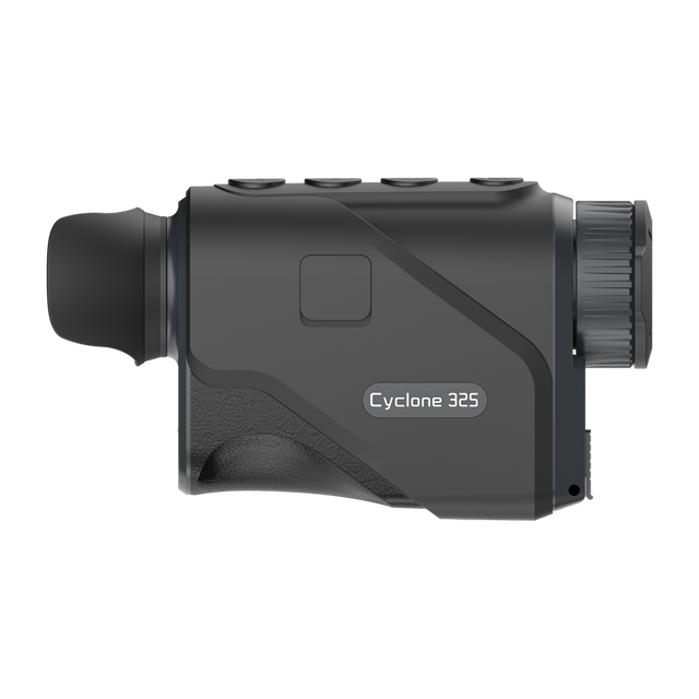 ThermTec Cyclone 325 thermal monocular in dark grey, side profile with Cyclone 325 model label