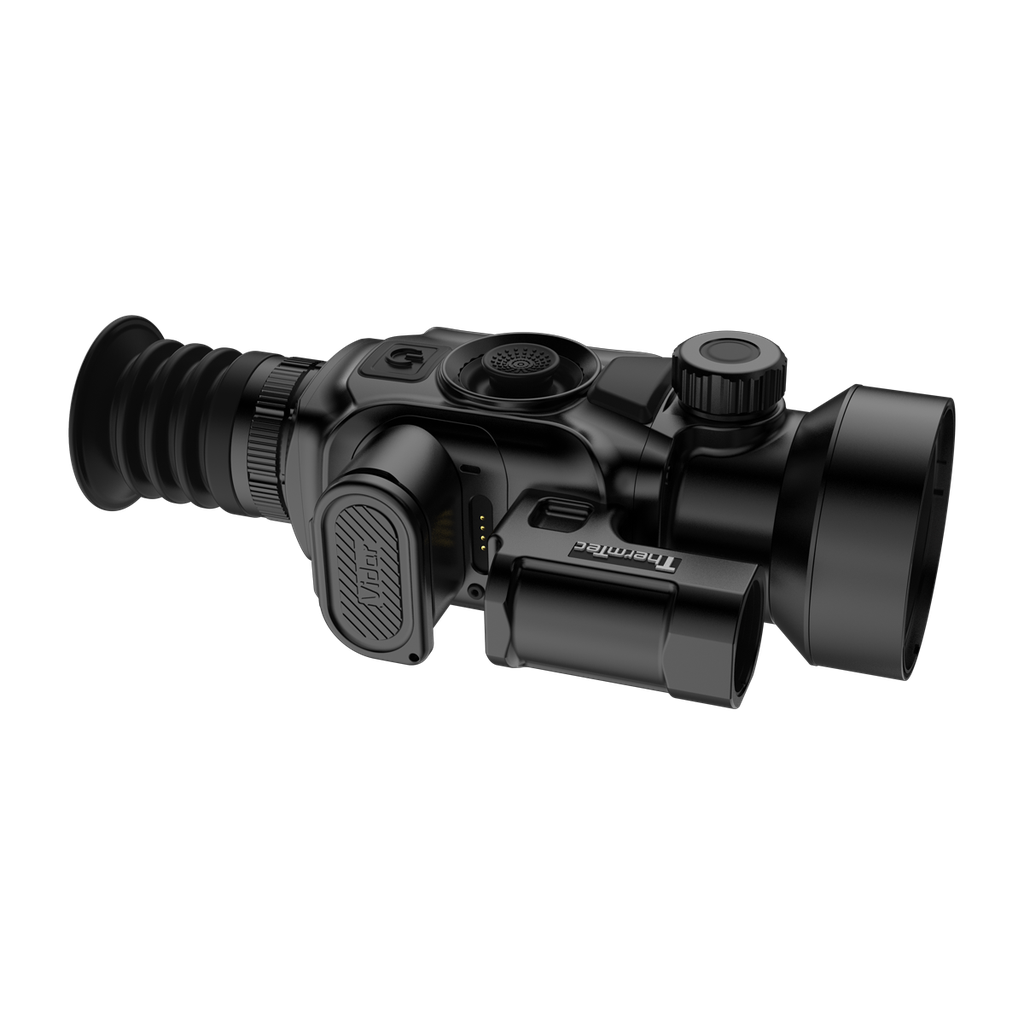 ThermTec Vidar-LRF 650L 2.0 thermal compact scope, three-quarter view of battery pack and large objective