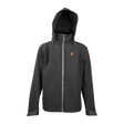 Spika GO men's softshell jacket in Black, front view with hood up and grey contrast zip