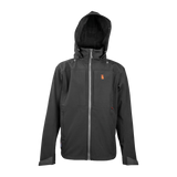 Spika GO men's softshell jacket in Black, front view with hood up and grey contrast zip