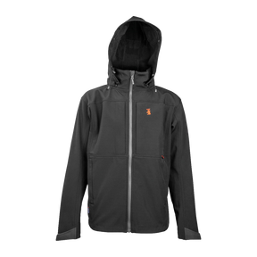 Spika GO men's softshell jacket in Black, front view with hood up and grey contrast zip