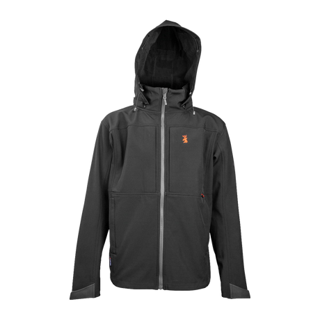 Spika GO men's softshell jacket in Black, front view with hood up and grey contrast zip