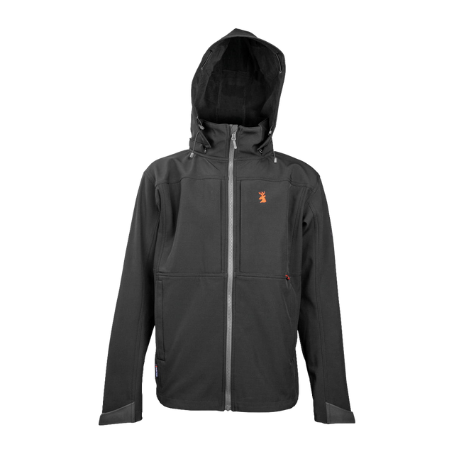 Spika GO men's softshell jacket in Black, front view with hood up and grey contrast zip