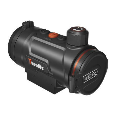 ThermTec Hunt Pro 335 thermal clip-on, front three-quarter view with lens cap closed and ThermTec logo