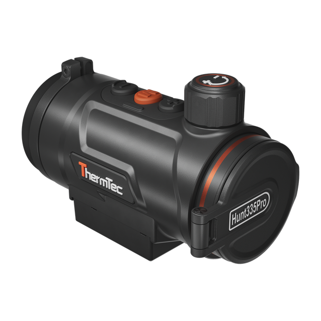 ThermTec Hunt Pro 335 thermal clip-on, front three-quarter view with lens cap closed and ThermTec logo