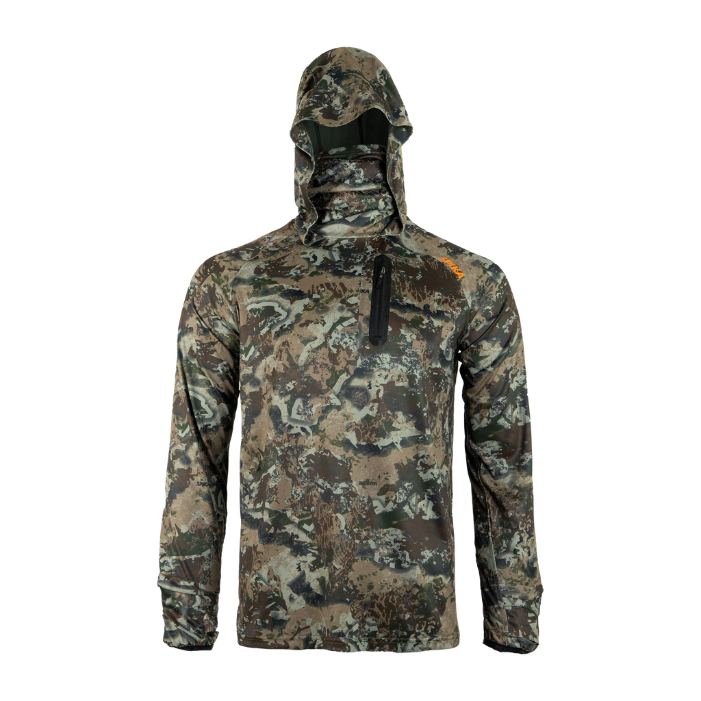 Spika Bandit men's lightweight hunting hoodie in Biarri Camo, front view with face mask hood up