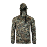 Spika Bandit men's lightweight hunting hoodie in Biarri Camo, front view with face mask hood up