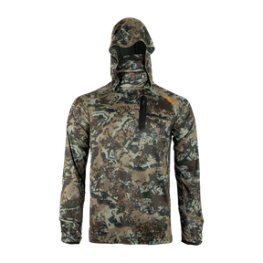Spika Bandit men's lightweight hunting hoodie in Biarri Camo, front view with face mask hood up