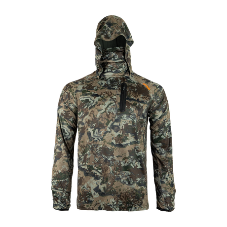 Spika Bandit men's lightweight hunting hoodie in Biarri Camo, front view with face mask hood up