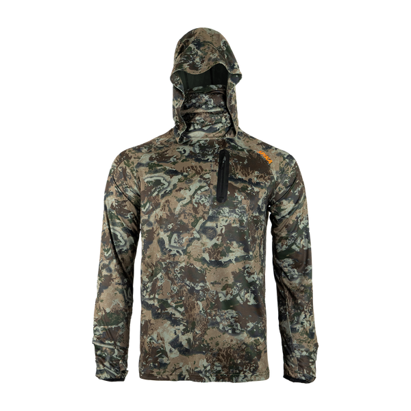 Spika Bandit men's lightweight hunting hoodie in Biarri Camo, front view with face mask hood up