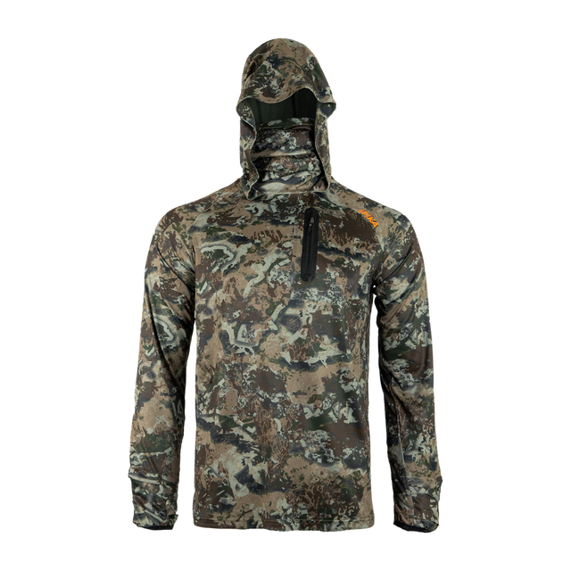 Spika Bandit men's lightweight hunting hoodie in Biarri Camo, front view with face mask hood up