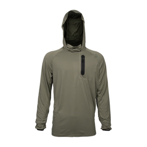 Spika Bandit men's lightweight hunting hoodie in Moss Green, front view with hood up