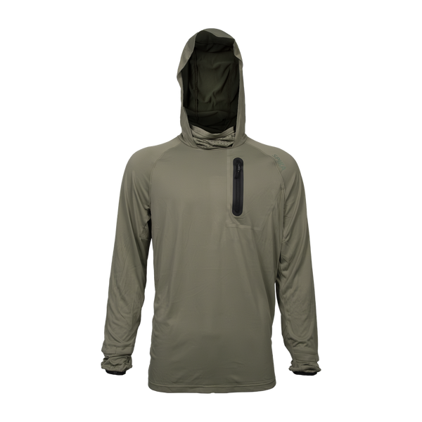 Spika Bandit men's lightweight hunting hoodie in Moss Green, front view with hood up