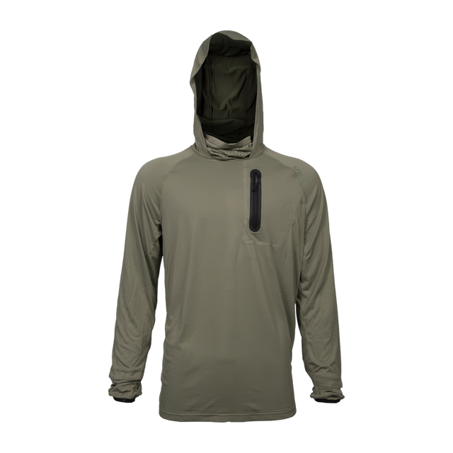 Spika Bandit men's lightweight hunting hoodie in Moss Green, front view with hood up