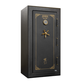 Spika SPFB large premium 22-gun safe with keypad and brass handle, three-quarter view