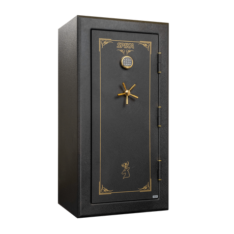 Spika SPFB large premium 22-gun safe with keypad and brass handle, three-quarter view
