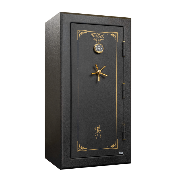 Spika SPFB large premium 22-gun safe with keypad and brass handle, three-quarter view
