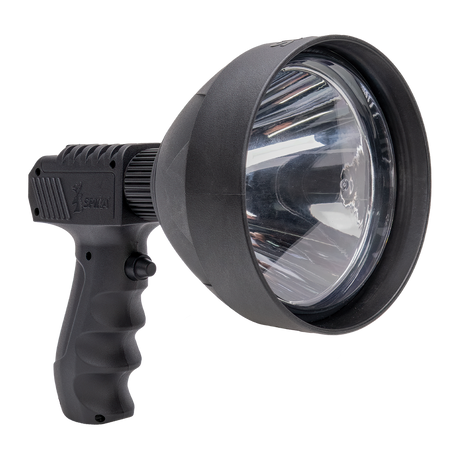 Spika Trigger Light 3000 lumen handheld spotlight in black, three-quarter view of lens and pistol grip